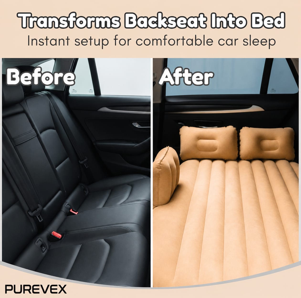PUREVEX Inflatable Car Bed Mattress with Electric Air Pump & Pillows – Portable Travel Sleeping Bed for Cars, SUVs & Camping