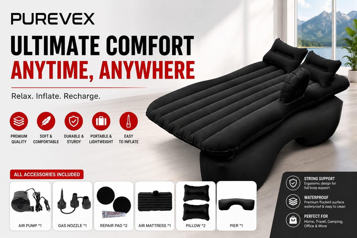 PUREVEX Inflatable Car Bed Mattress with Electric Air Pump & Pillows – Portable Travel Sleeping Bed for Cars, SUVs & Camping
