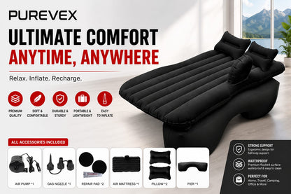 PUREVEX Inflatable Car Bed Mattress with Electric Air Pump & Pillows – Portable Travel Sleeping Bed for Cars, SUVs & Camping